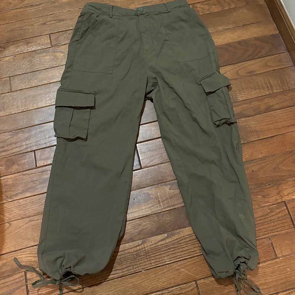 Olive Green Cargo Parachute Pants XL Utility Tactical Drawstring Hem